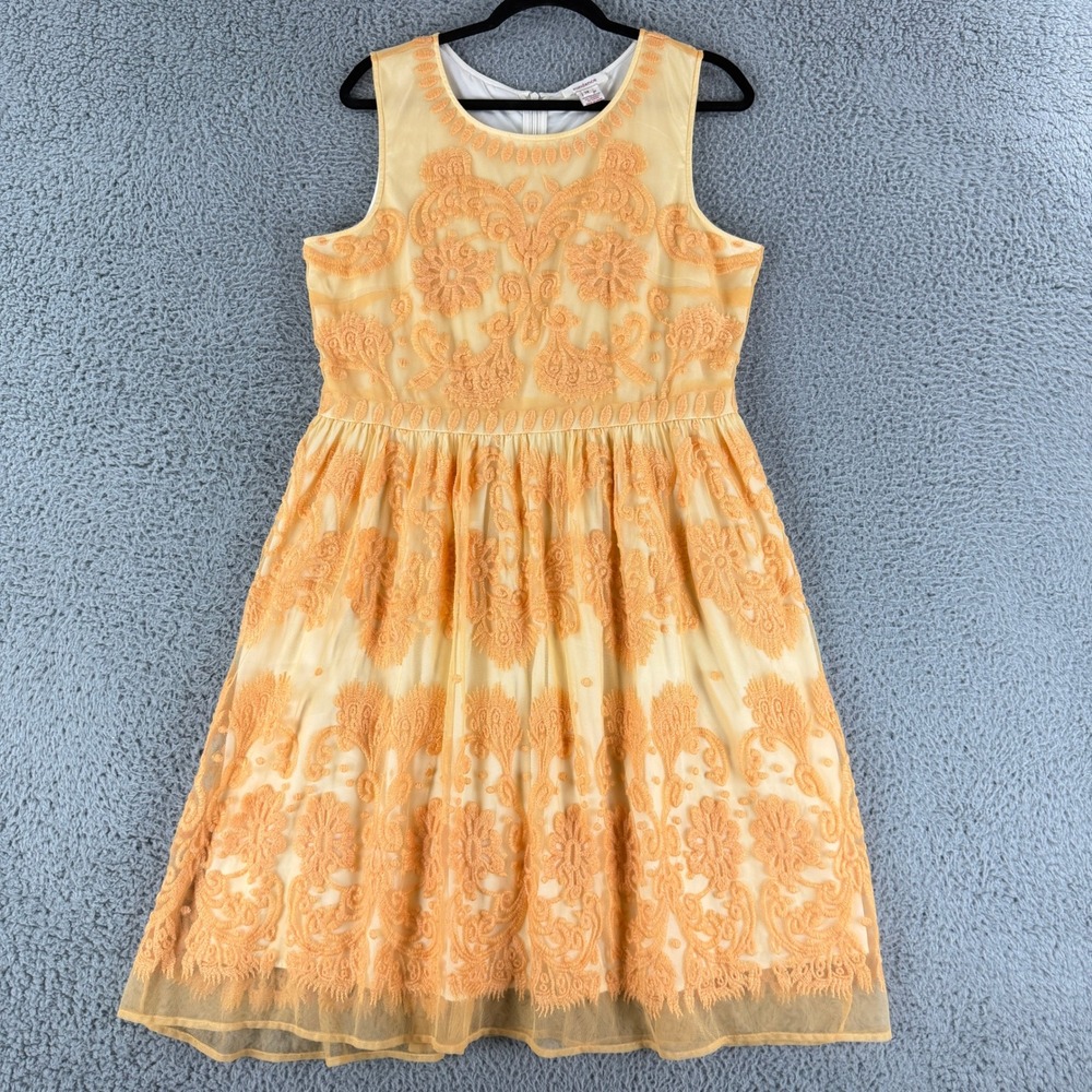 Sundance Catalog Embroidered Mesh Dress Womens 14 Orange Floral Fit and Flare